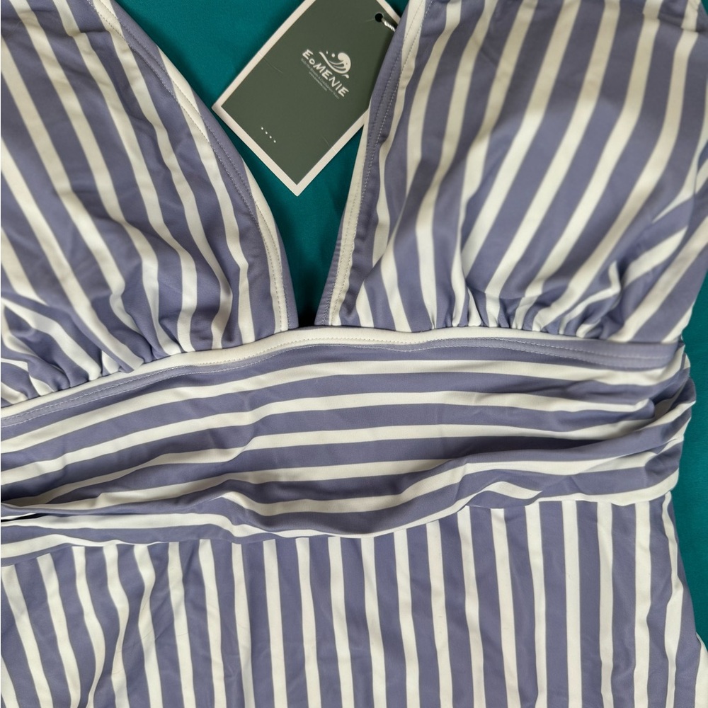 Eomenie Women’s One Piece Swimsuit Blue White Stripe V Neck Tummy Control NWT L - Picture 4 of 6